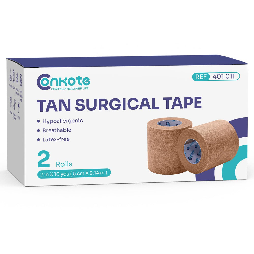 Conkote tan paper surgical tape rolls for secure, gentle adhesion.