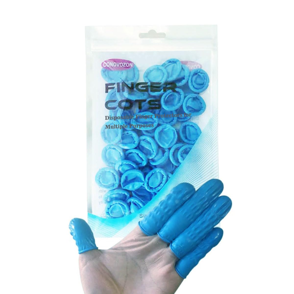 CONOVOZON dedos de nitrilo desechables talla grande azul, protección precisa para belleza y manicura.