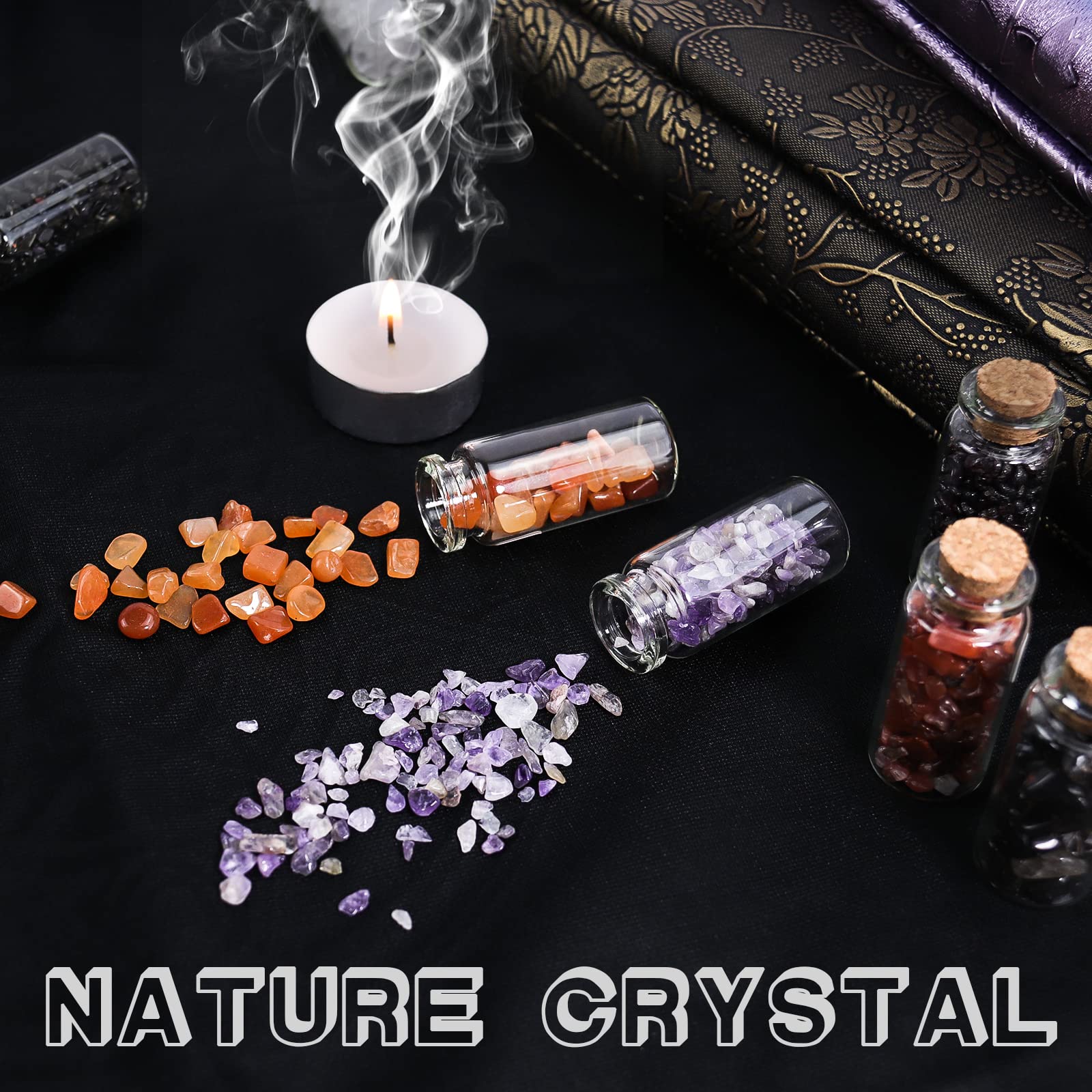 Close-up of rose quartz, obsidian, and other stones in the Consine set