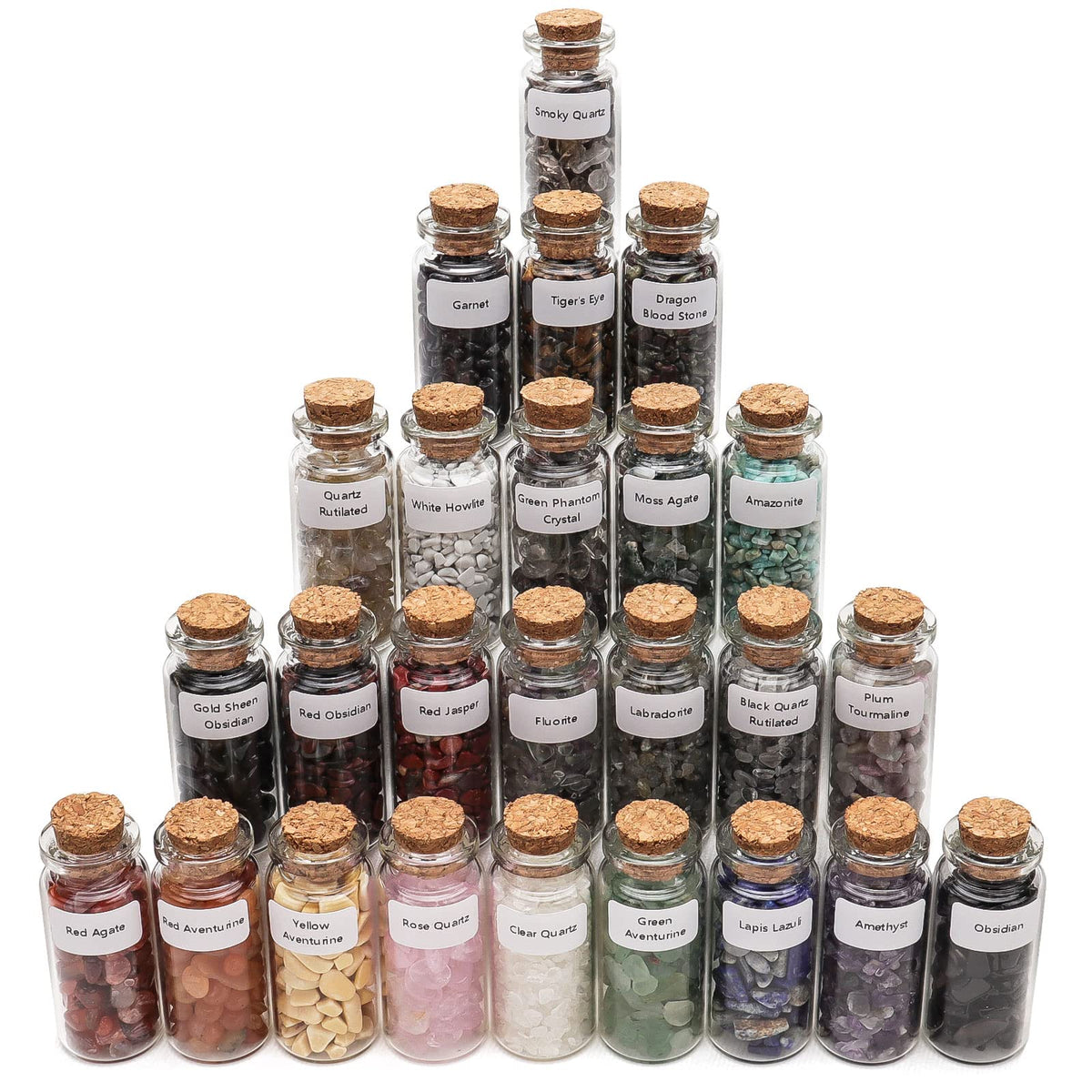 Consine 25-gemstones set in glass bottles for meditation and decorative display