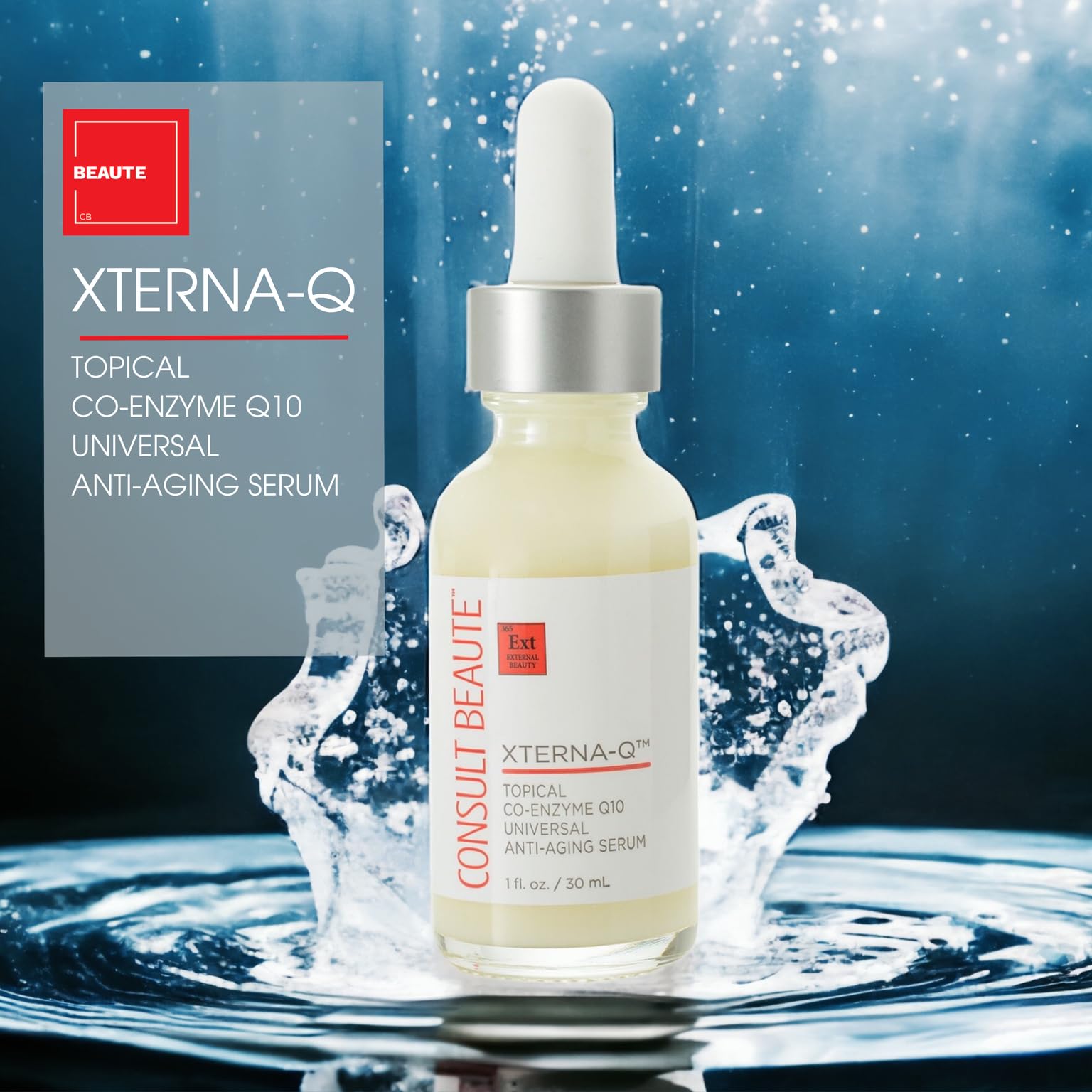 Close-up of the Consult Beaute XTERNA-Q serum pump in action for quick absorption.