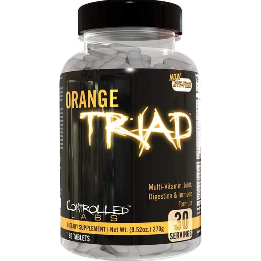 Controlled Labs Orange Triad bottle front showing daily multivitamin benefits for joints and immunity.