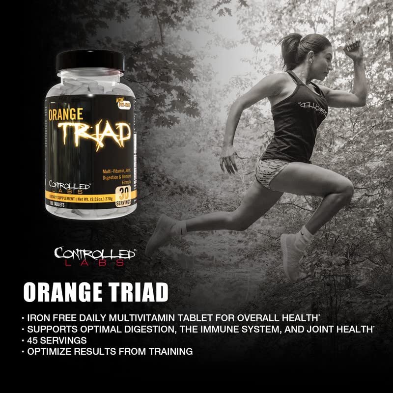 Controlled Labs Orange Triad bottle side view highlighting dosage and packaging.