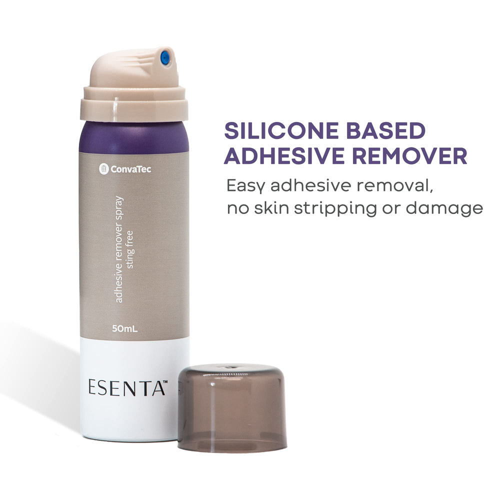 ConvaTec ESENTA bottle application showing spray use around skin.
