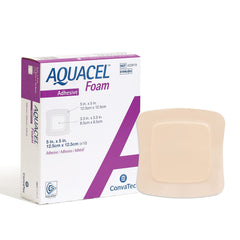 ConvaTec AQUACEL Foam 5x5 dressing packaging shows sterile contents for reliable wound care at home.