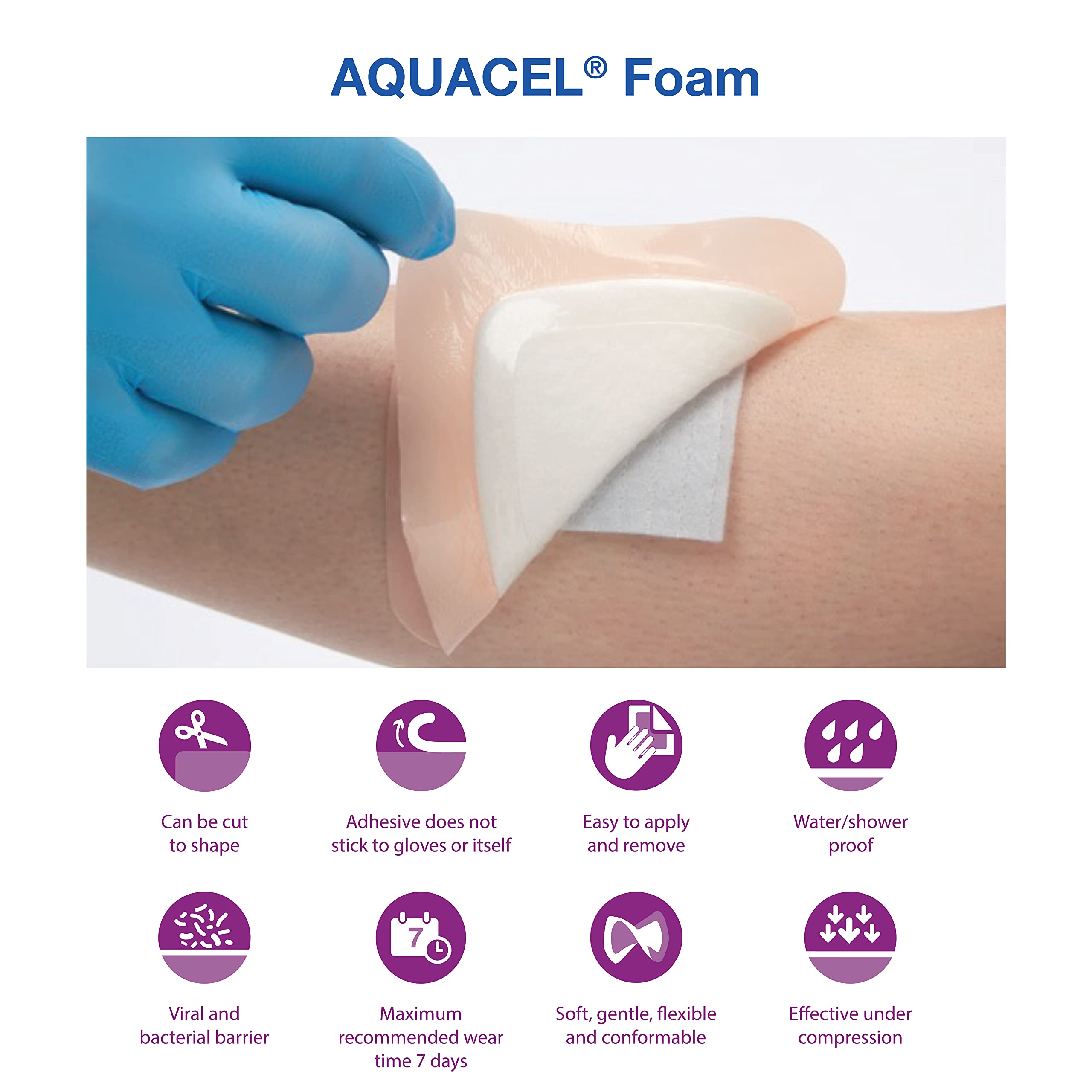 ConvaTec AQUACEL Foam 5x5 dressing is waterproof, supporting activity without frequent changes.