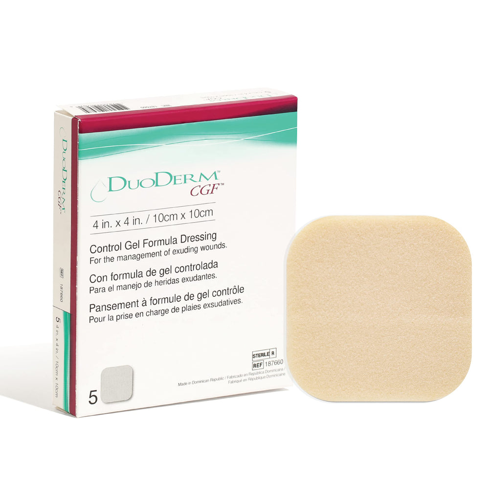 ConvaTec DuoDERM Control 4x4 square dressing supports moist healing at the wound site.