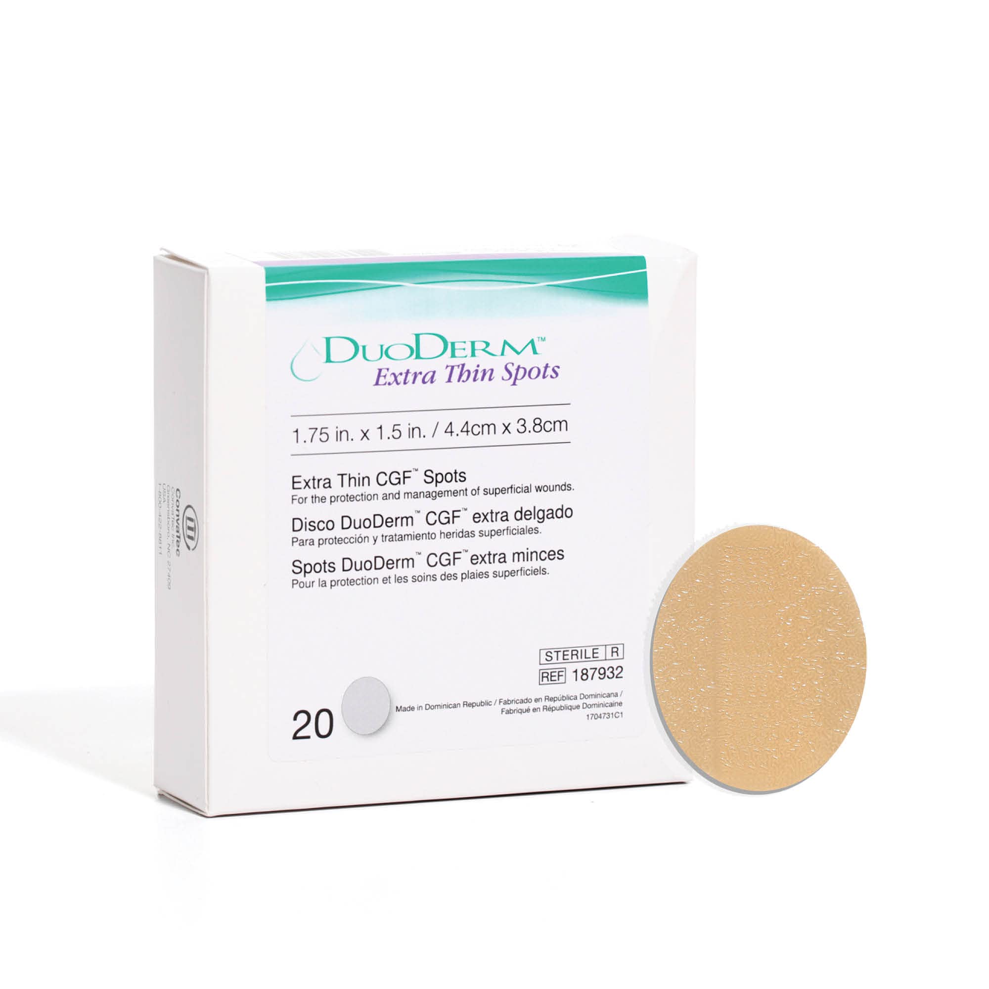 ConvaTec DuoDERM extra-thin control gel spot dressing for precise wound coverage and comfort.