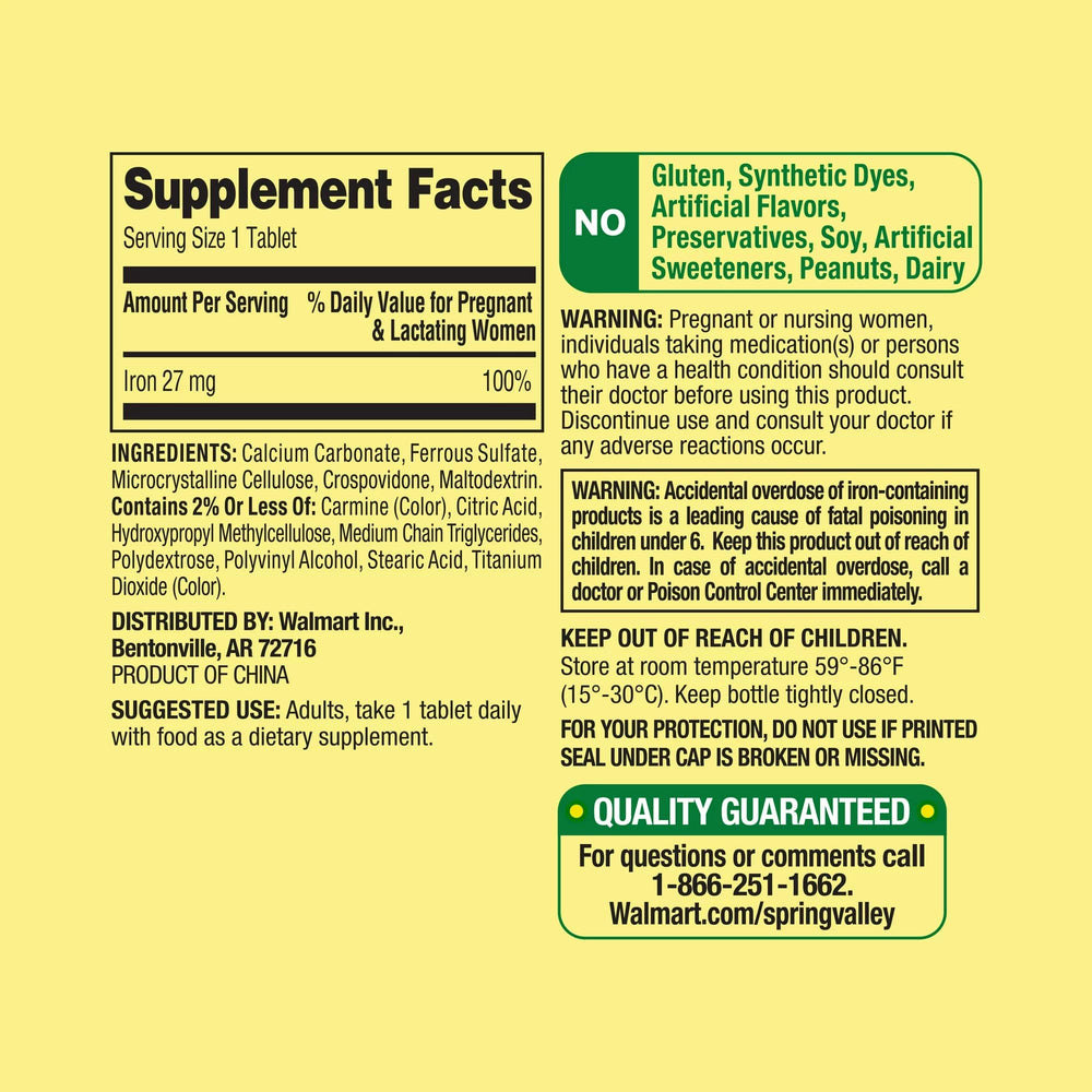 Close-up of Convergence iron tablets blister pack, 27 mg per tablet.