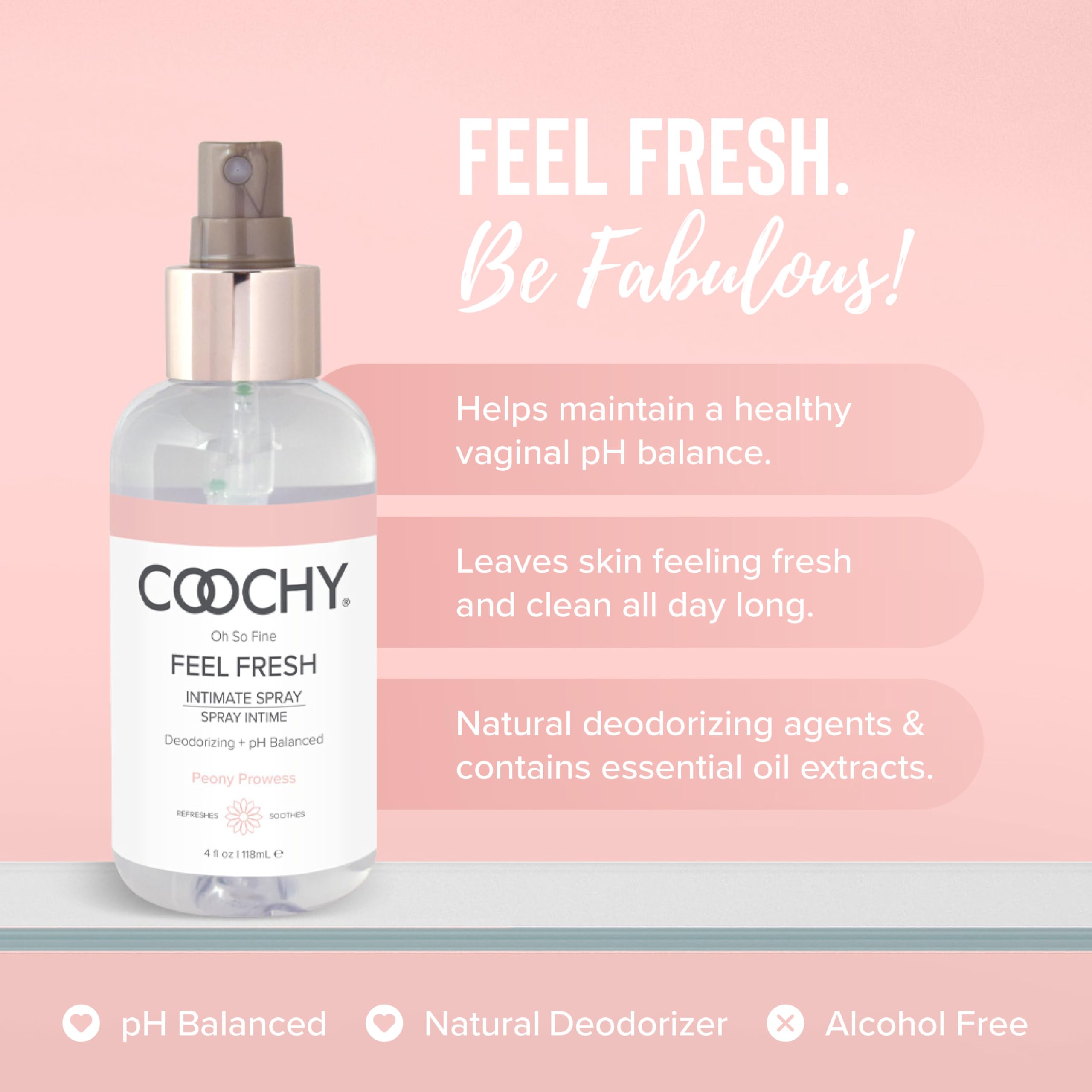 Coochy spray-angle application shows easy, directed use for daily freshening.