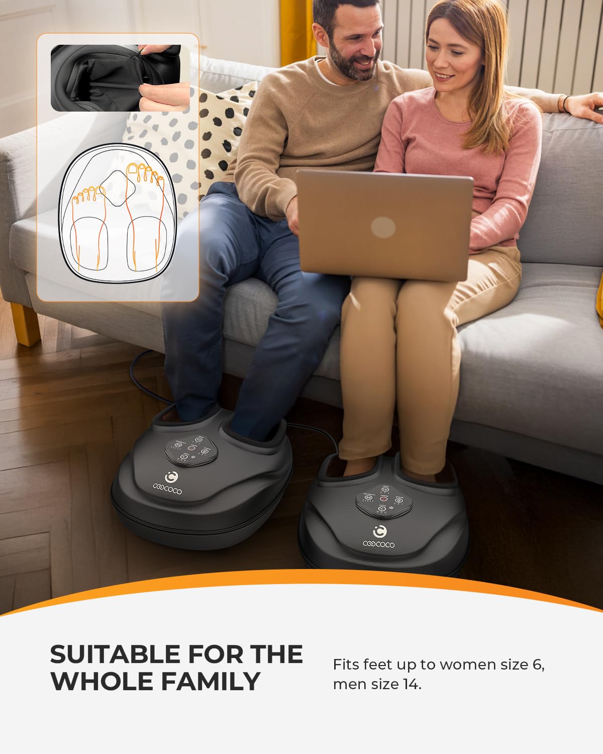 CooCoCo foot massager heat settings image highlighting 3 temperature levels.