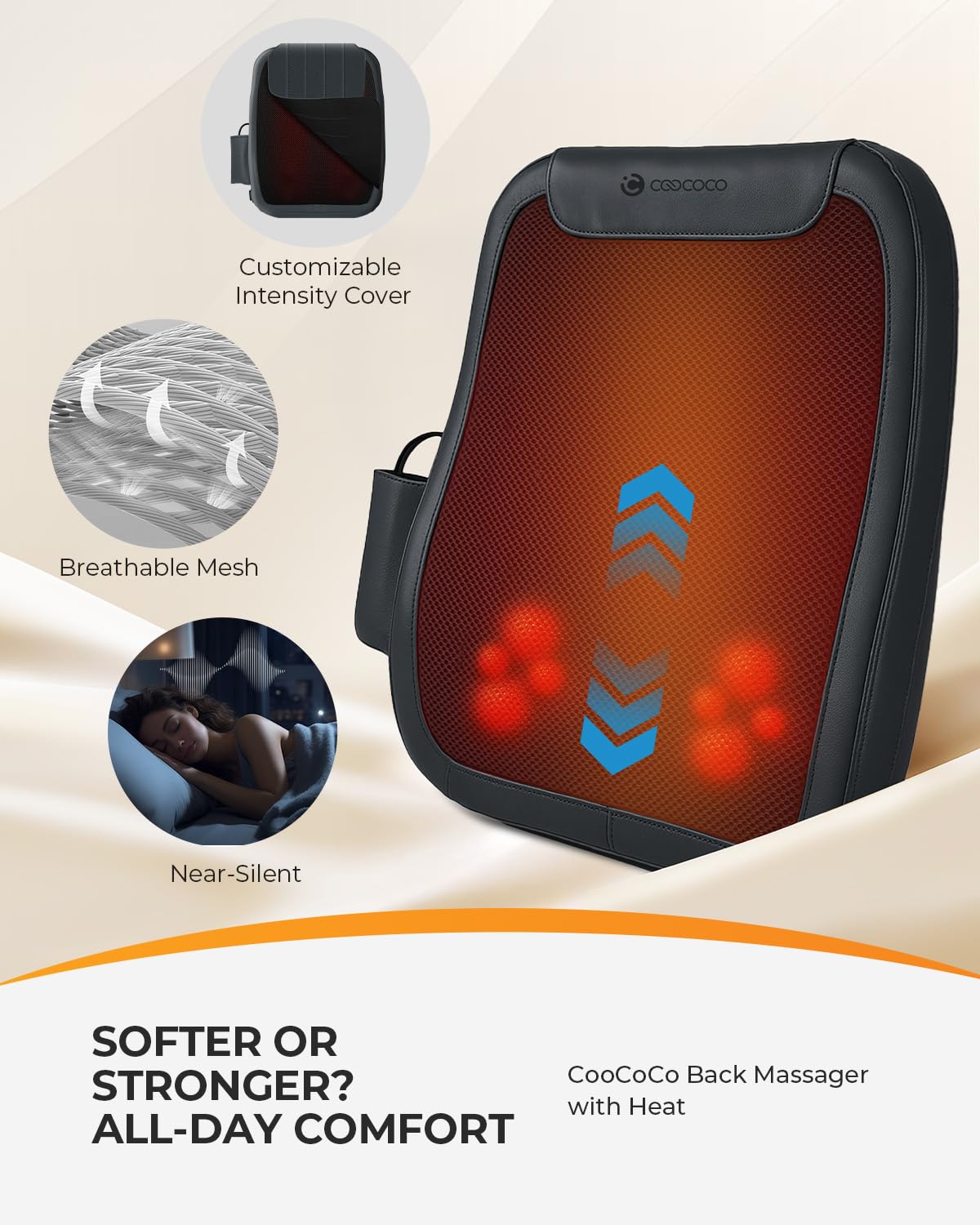 CooCoCo Shiatsu Back Massager vertical journey targets back tension along the spine.
