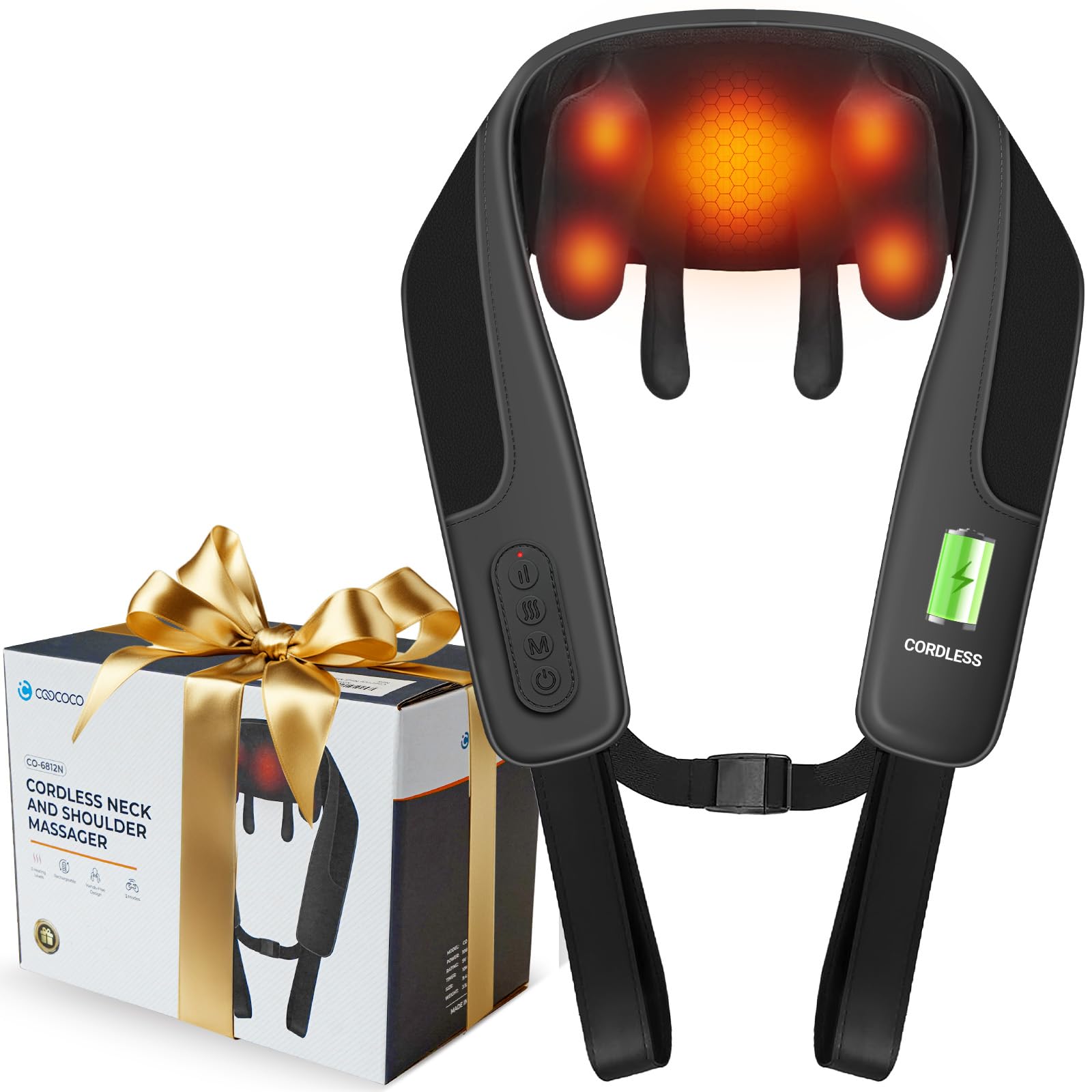 CooCoCo Shiatsu neck massager worn as a strap-on for on-the-go relief