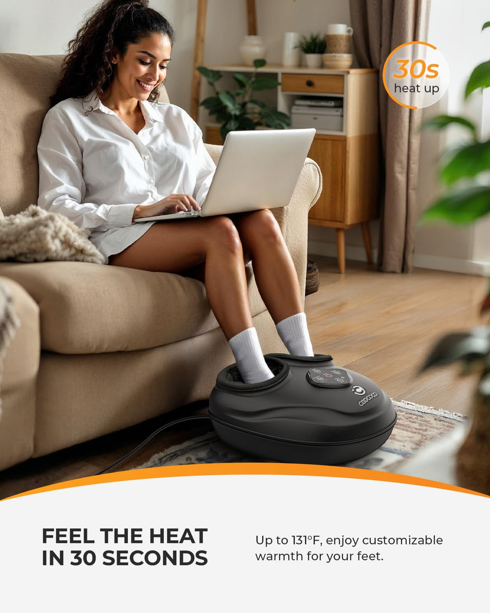 CooCoCo Upgraded Foot Massager heat settings display for customizable warmth