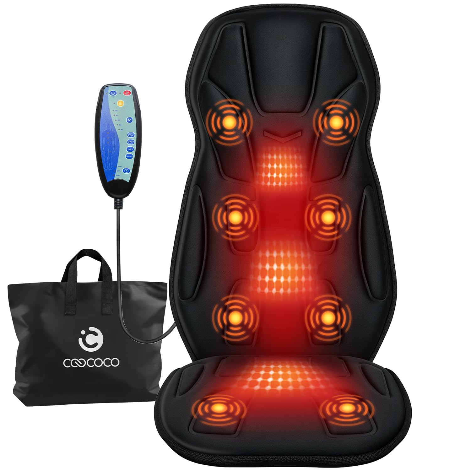 CooCoCo back massager with eight motors targets back and seat for focused relaxation.