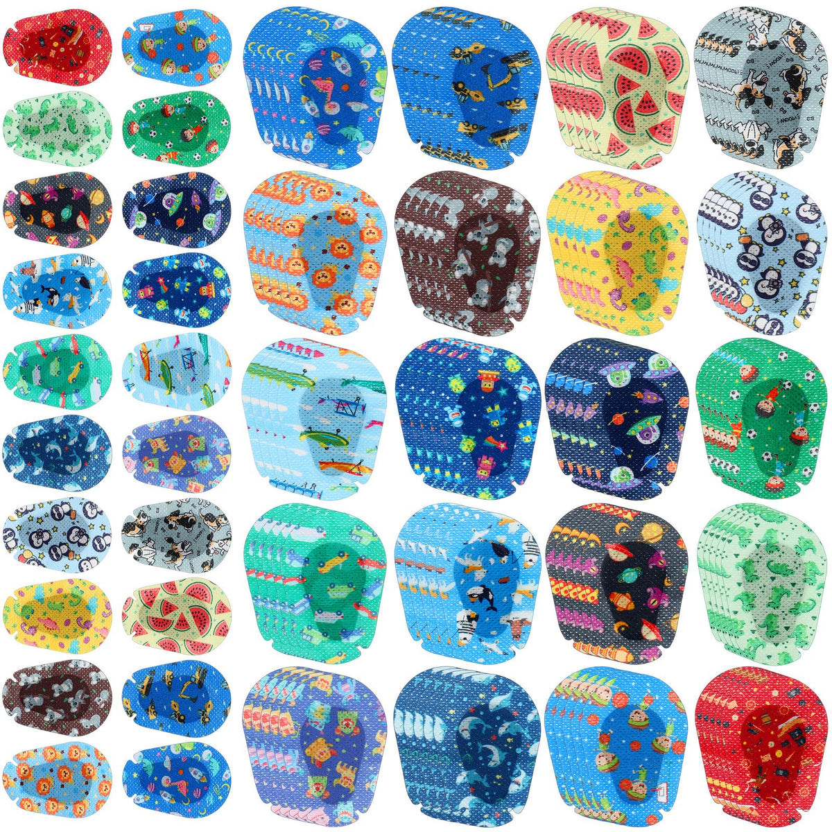Copkim 100-pcs eye patches for kids, 20 styles, 3x2 inches, light-blocking and comfortable.