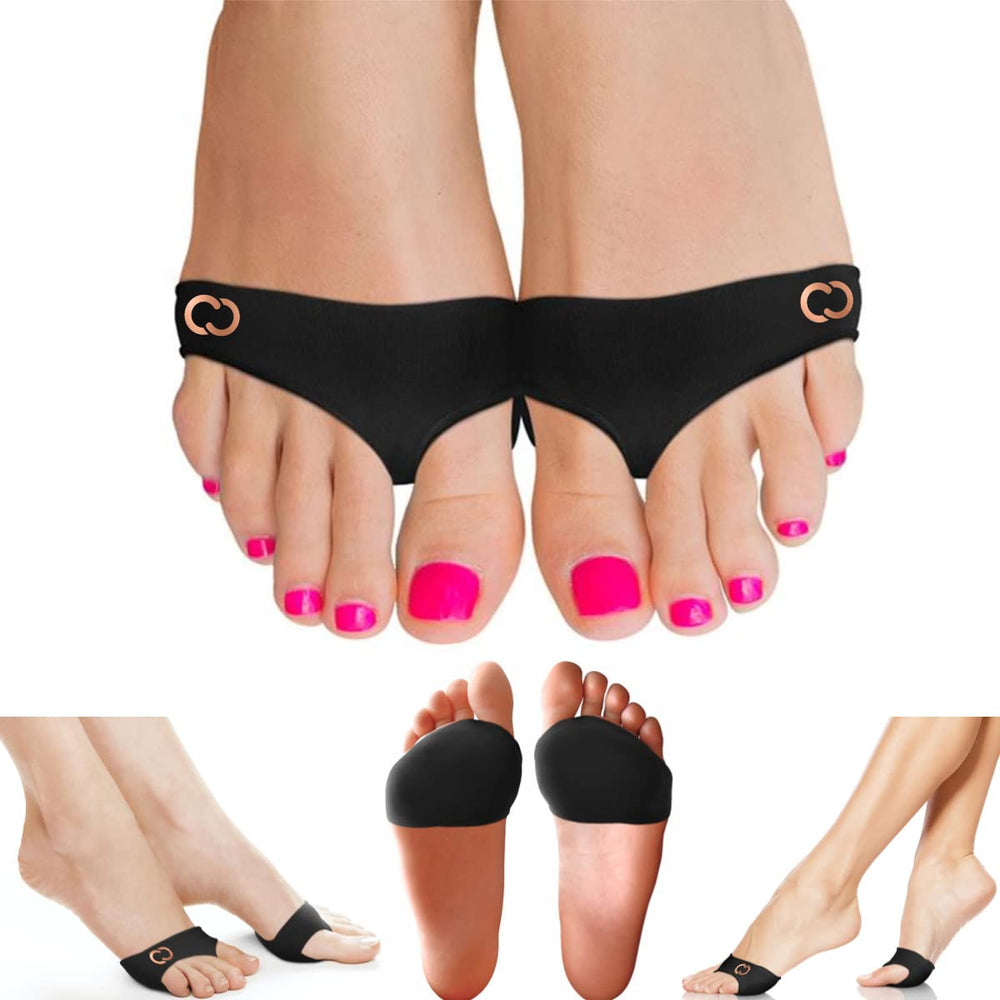Copper Compression Metatarsal Pads worn with dress shoes for all-day comfort.