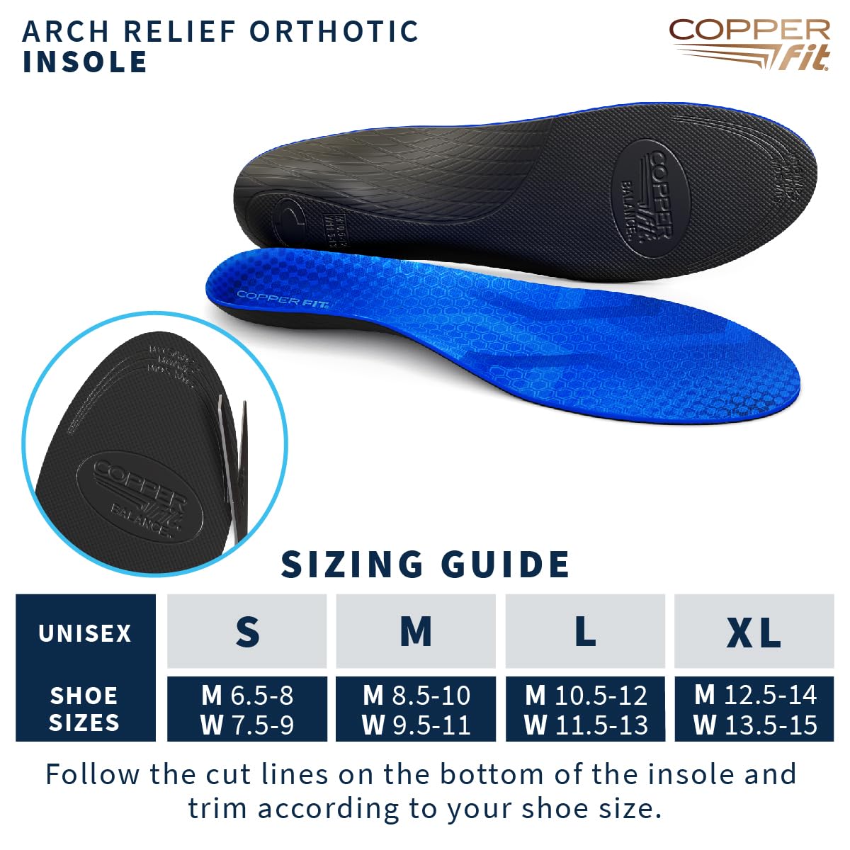 Copper Fit insoles provide all-day cushioning for fatigue-free feet.