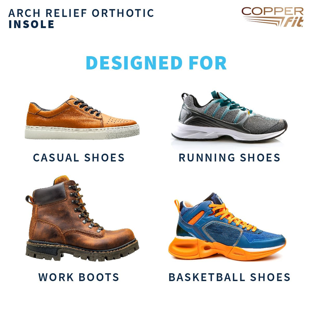 Copper Fit Arch Relief insoles fit dress, casual and work shoes for daily wear.