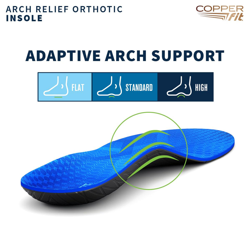 Copper Fit Arch Relief orthotics with stabilizing heel cup to aid foot alignment.