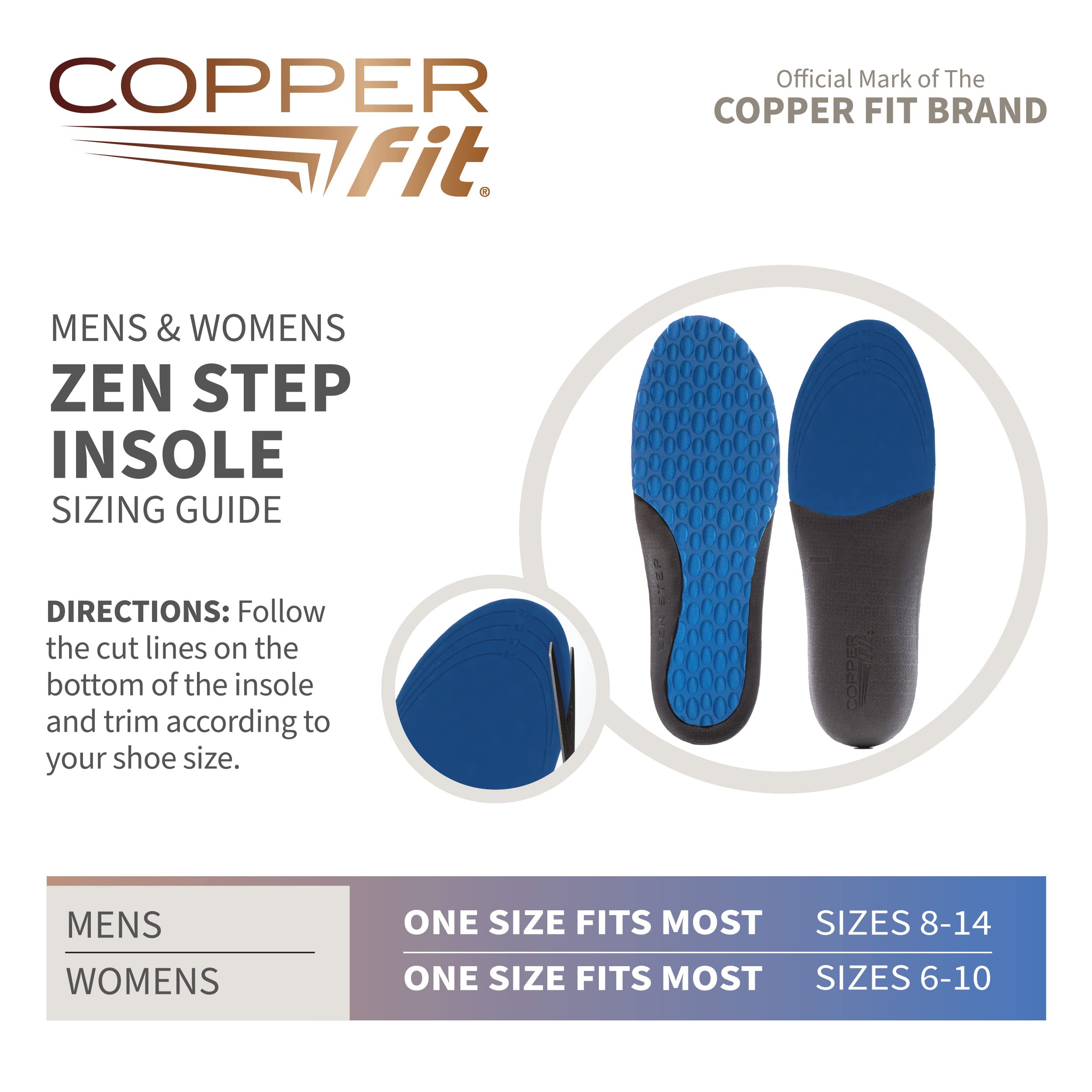 Contoured arch and heel cup support in Copper Fit insoles
