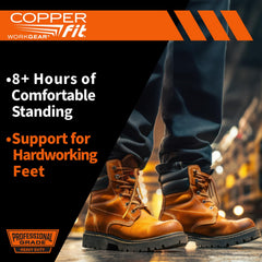 Copper Fit Pro arch-support cushion distributes weight for targeted relief during long workdays.