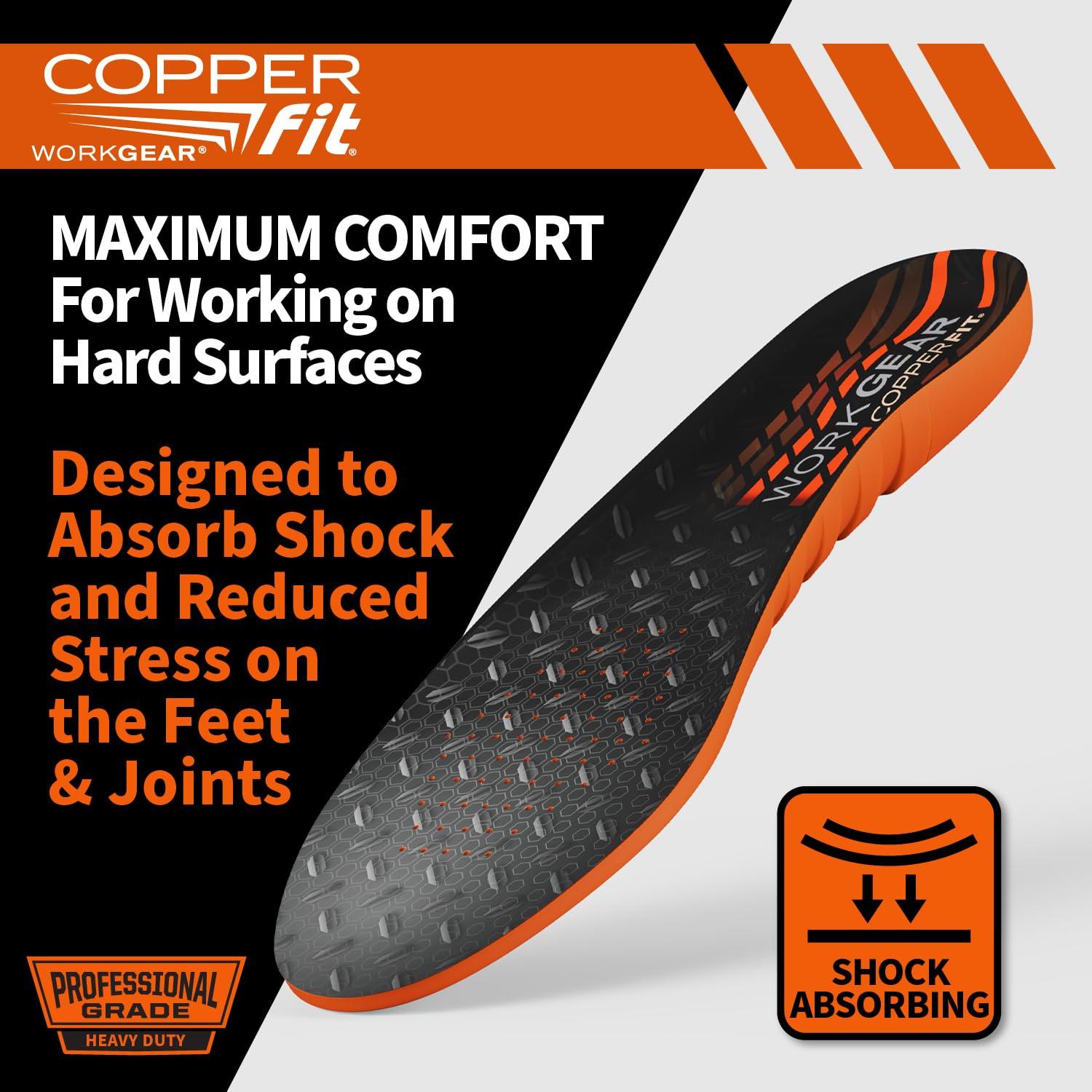 Copper Fit Pro durable heel cup cushions impact, helping you stay on your feet longer.