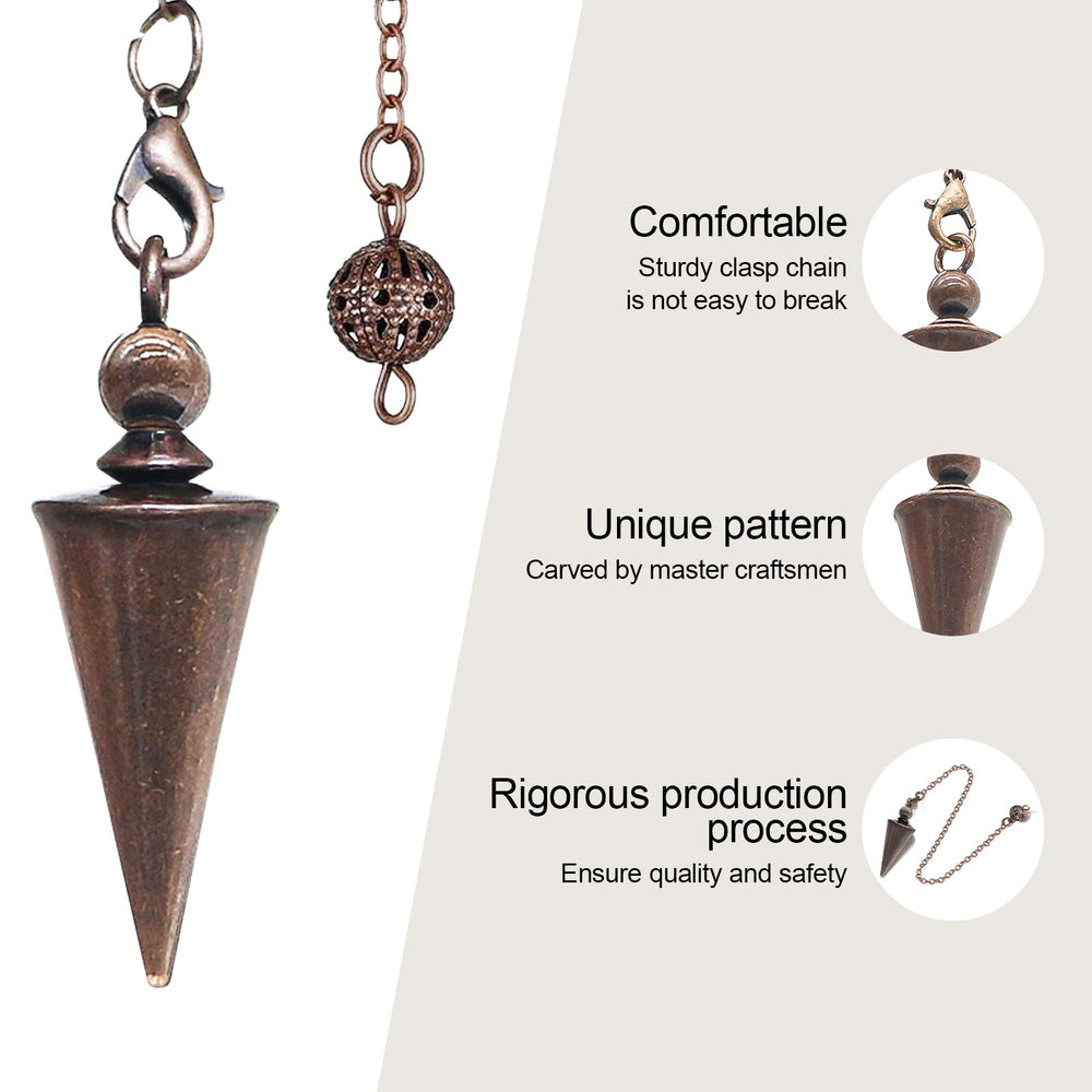 Close-up of copper pendulum ready for energy readings with chain