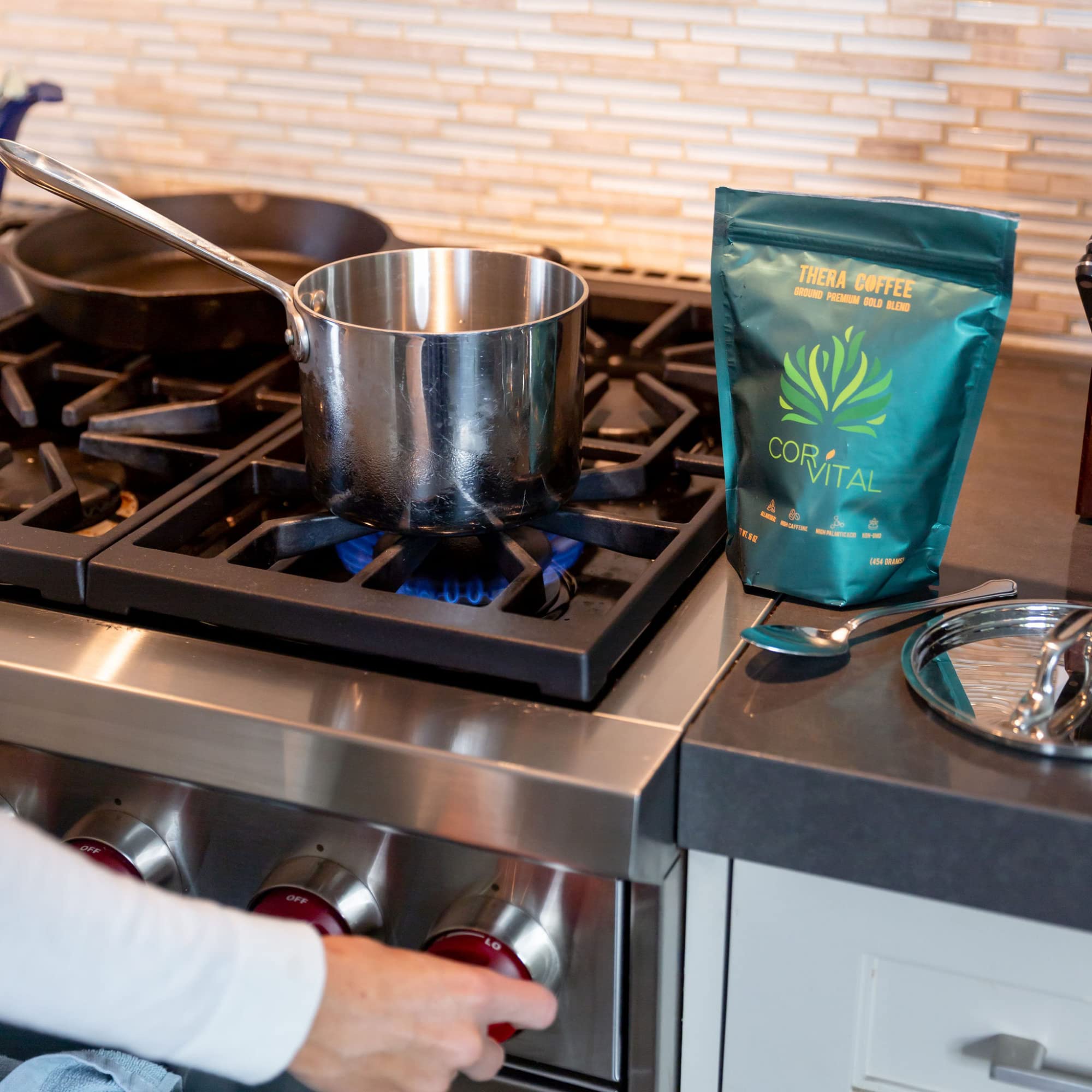 Cor-Vital enema brew preparation demonstrates precise dosing for quick starts.