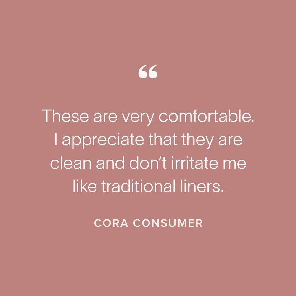 Cora individually wrapped packaging keeps liners clean and portable.