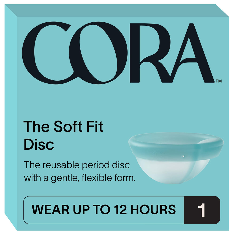 Cora menstrual disc packaging highlighting reusable design and comfort.