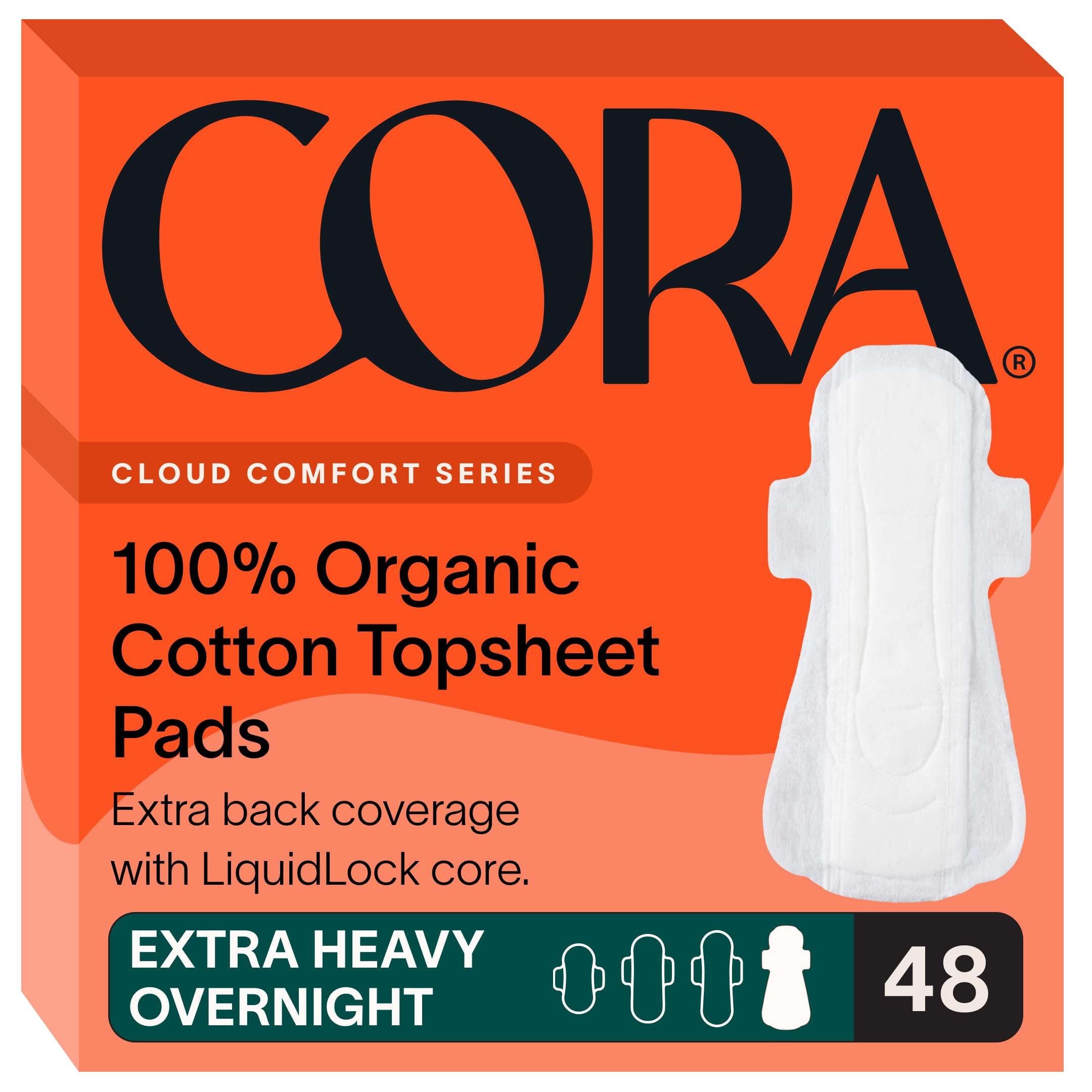 Cora organic cotton topsheet pads pack for gentle night protection.