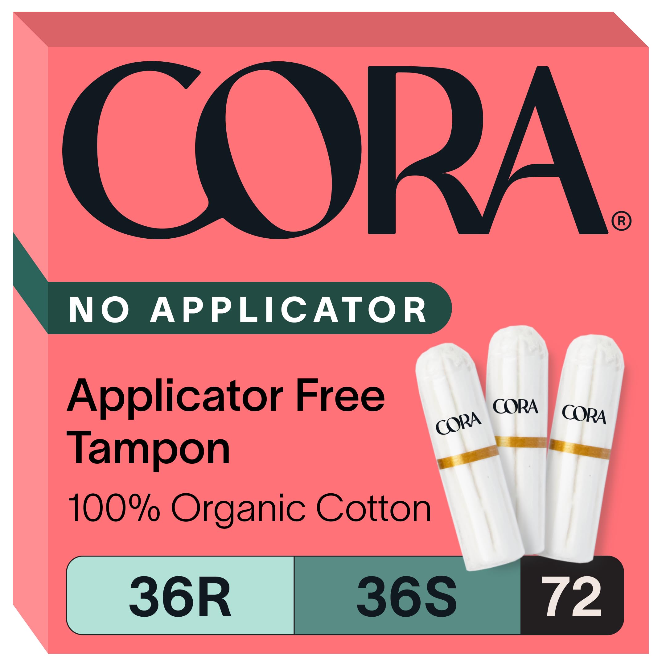 Cora organic non-applicator tampons pack 36 regular for comfortable, leak-protected wear.
