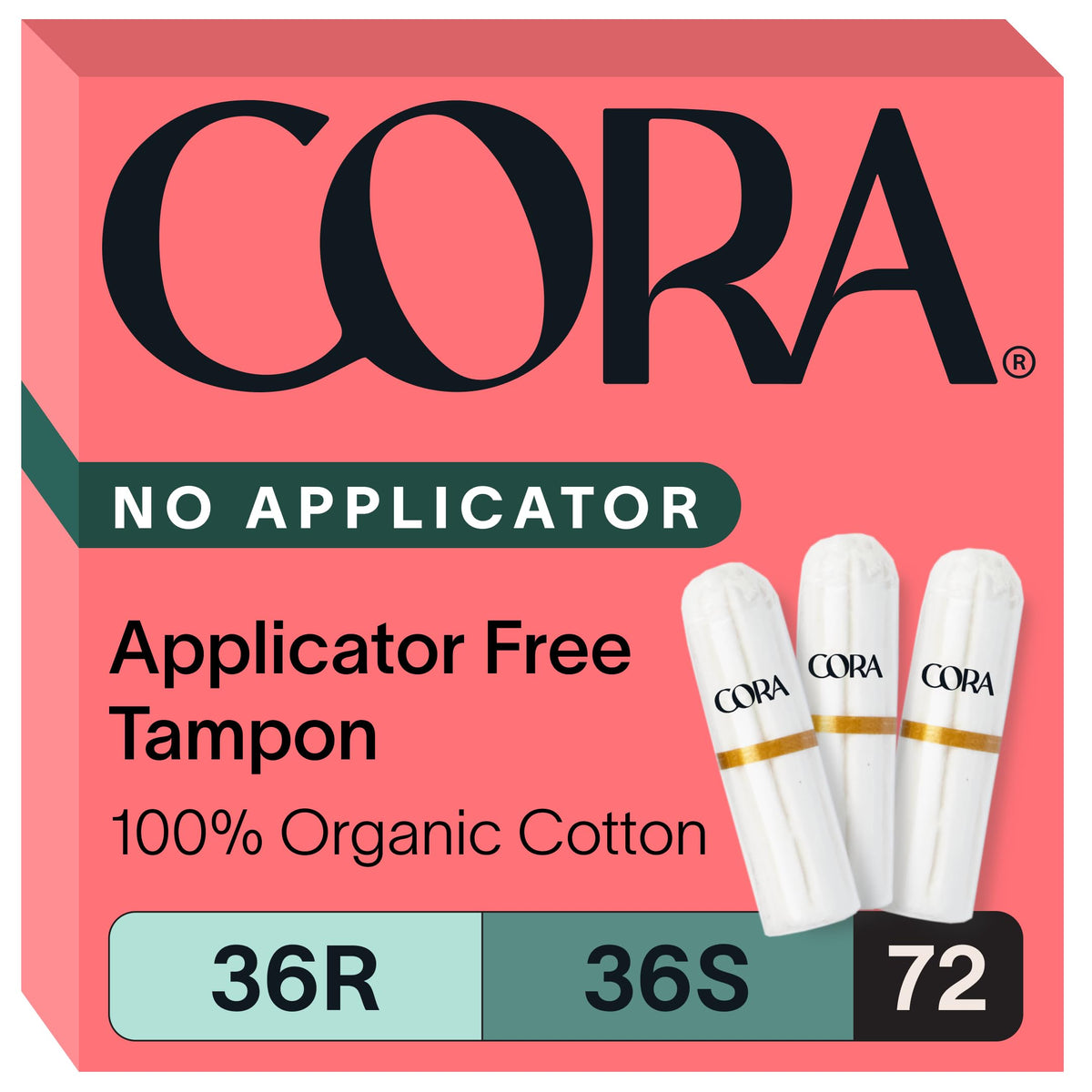 Cora organic non-applicator tampons pack 36 regular for comfortable, leak-protected wear.