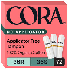 Cora organic non-applicator tampons pack 36 regular for comfortable, leak-protected wear.
