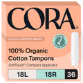 Cora Organic Tampons Multipack (18 Light, 18 Regular) – 100% Organic Cotton, Soft-Touch Applicator, FSA Eligible