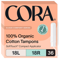Cora organic tampons multipack front view with 18 light and 18 regular for versatile coverage