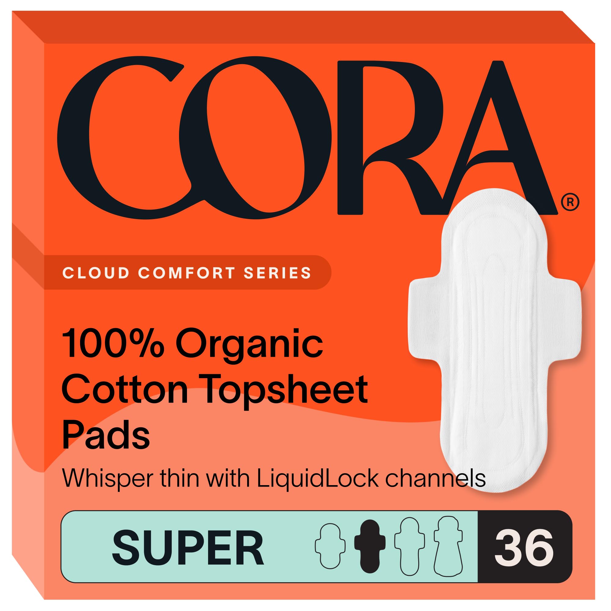Cora packaging for 100% organic cotton topsheet pads shown for discreet daily protection