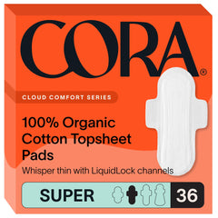 Cora packaging for 100% organic cotton topsheet pads shown for discreet daily protection