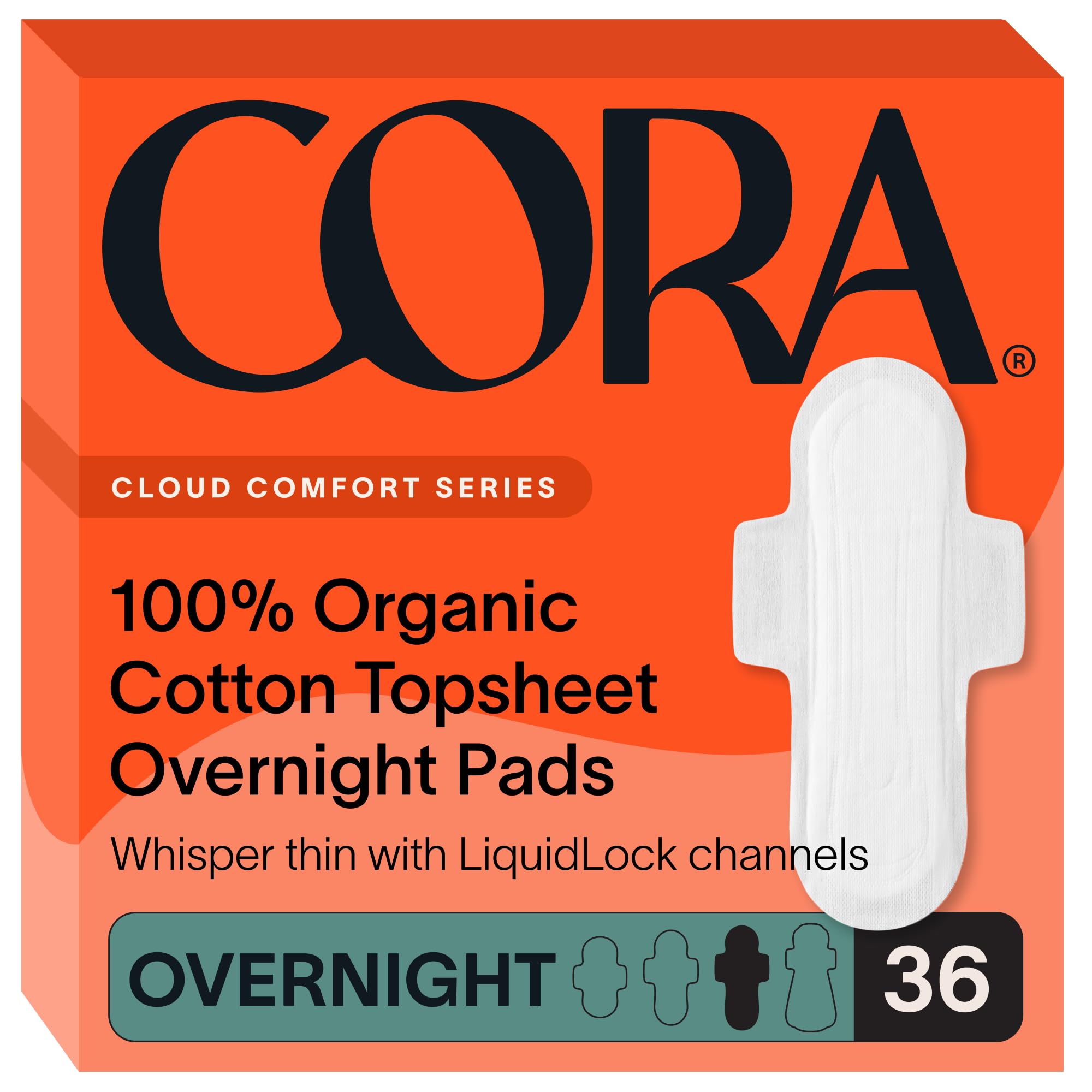 Cora overnight pads packaging shown for discreet storage and travel
