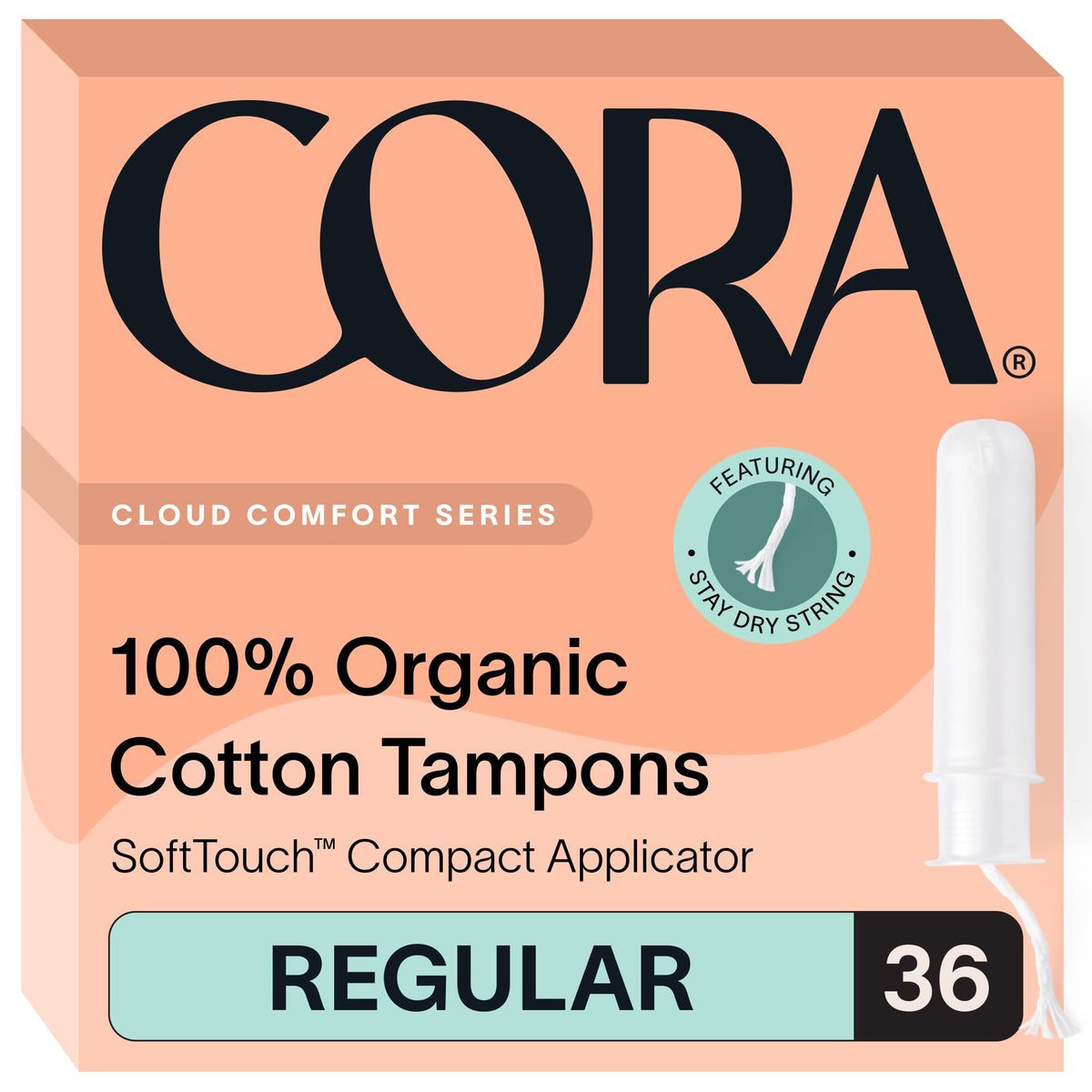 Cora regular tampons pack shot shows the 36-count box with the new look for reliable protection.