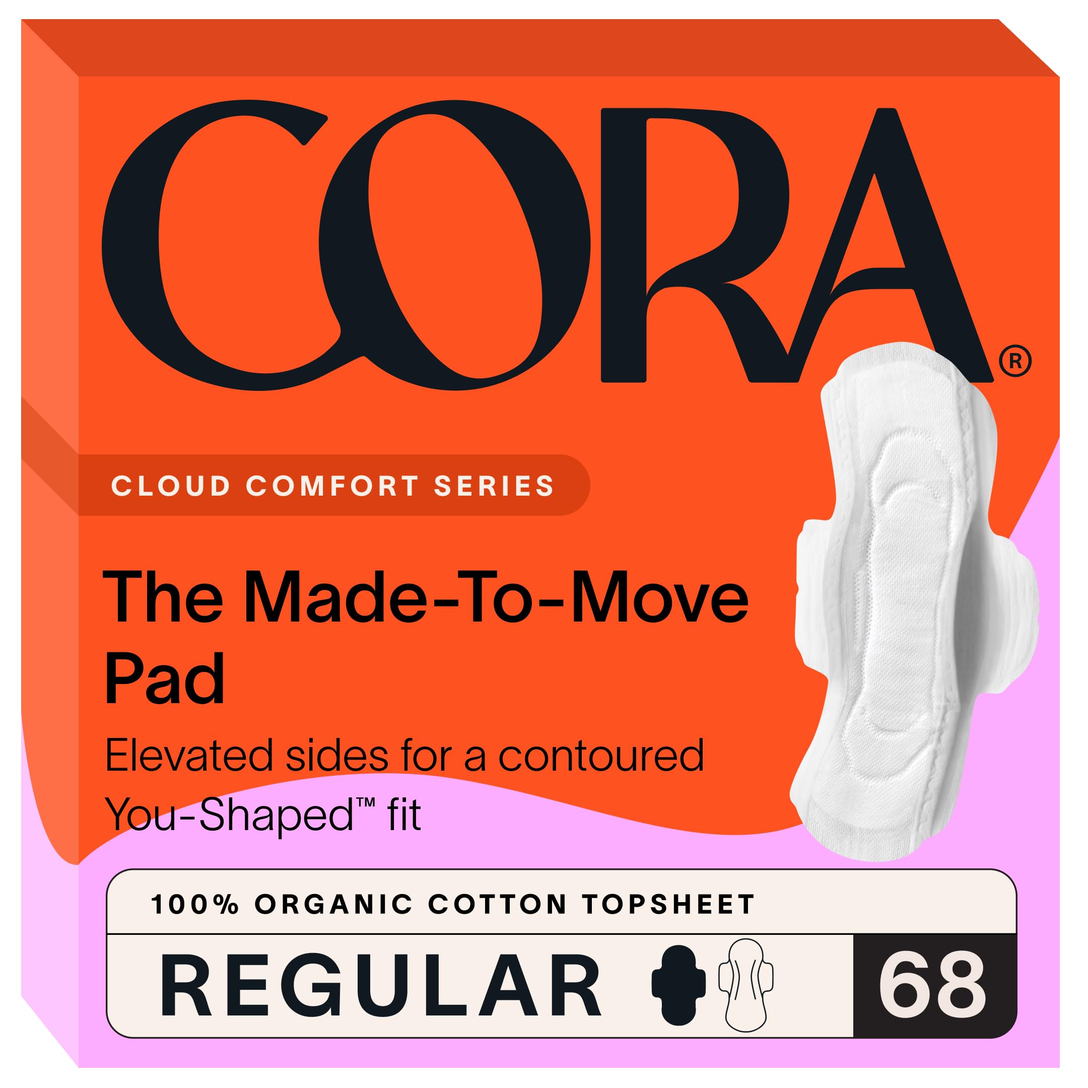 Cora topsheet pads pack shot highlighting 68-count convenience and dry comfort.