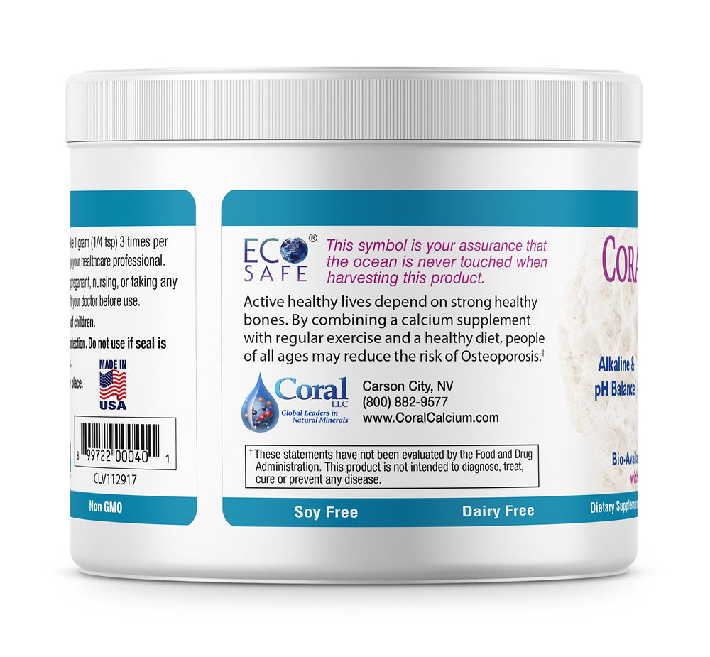 Coral White EcoPure Powder label shows gluten-free and non-GMO attributes.