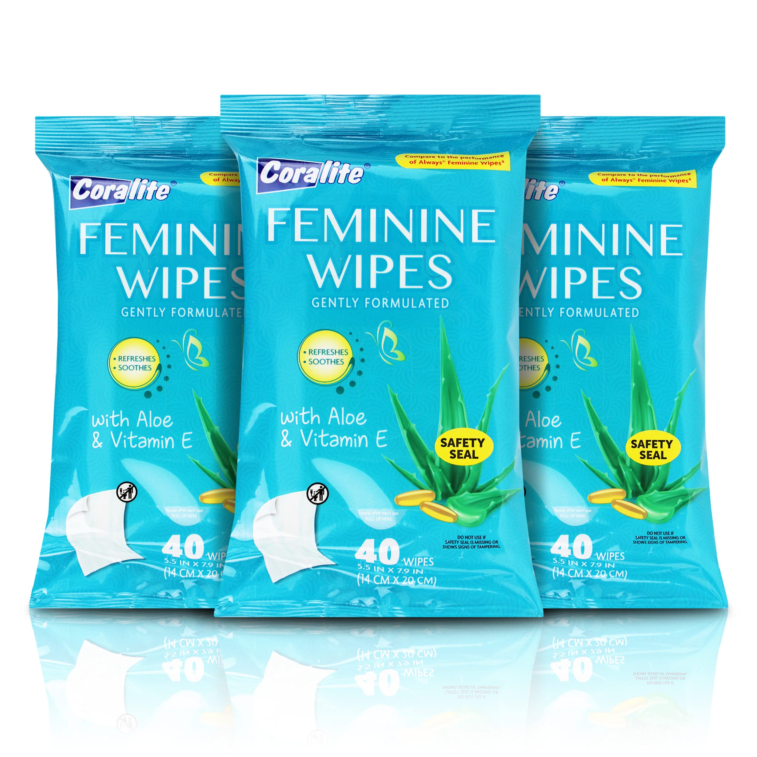 Coralite feminine wipes go pack 40-count for on-the-go freshness.