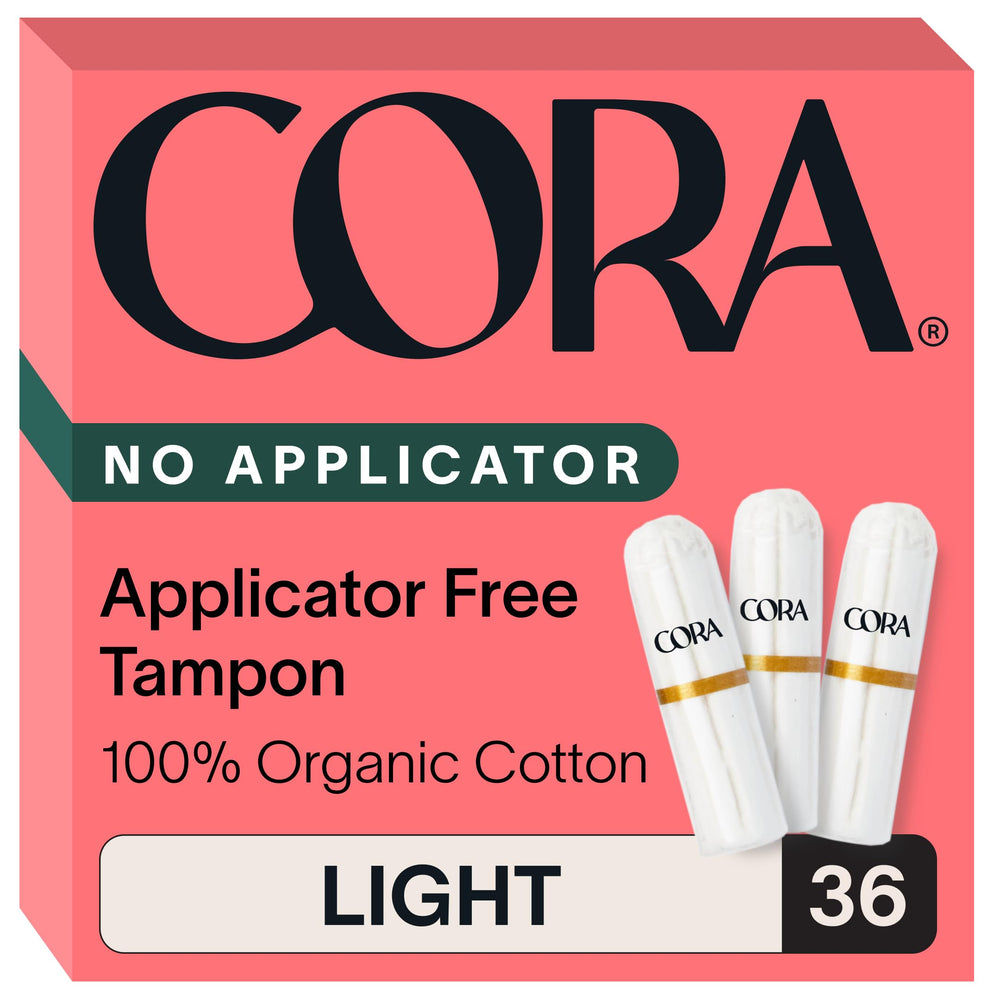 Cora organic non-applicator tampons with packaging, compact and eco-friendly.