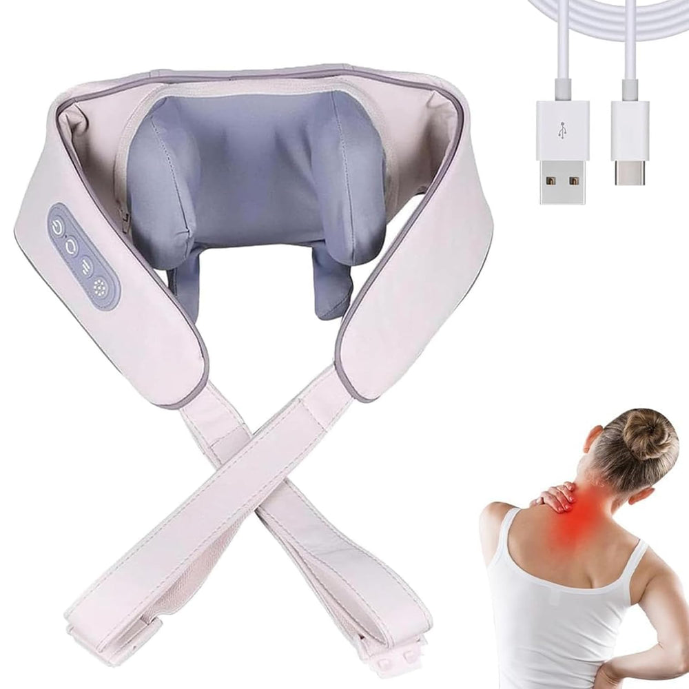 Cordless neck massager with heat wrapped around the neck for targeted relief.