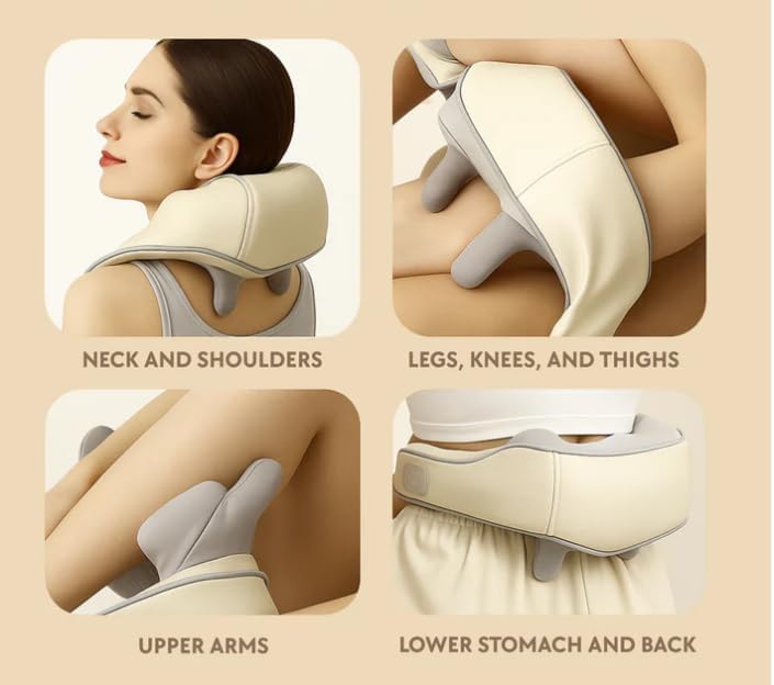 Strap-equipped massage with cordless neck massager for hands-free use.