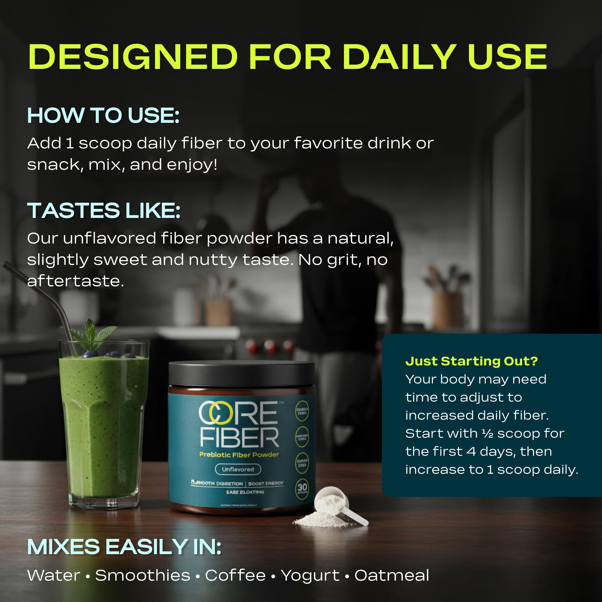 Core Fiber ready to blend into smoothies for digestion support