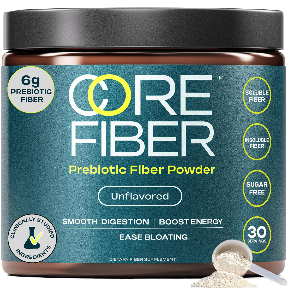 Core Fiber powder tub front, unflavored daily prebiotic formula
