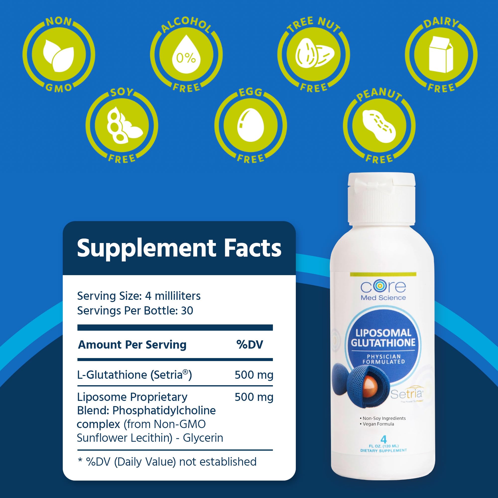 Core Med Science Citrus-flavored liposomal glutathione liquid for easy intake.